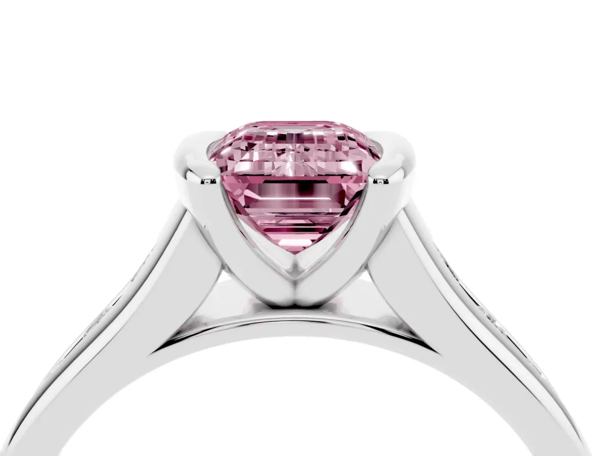 Fancy Pink Emerald Cut Solitaire Bezel-Set Diamond Ring with Channel-Set Band Platinum