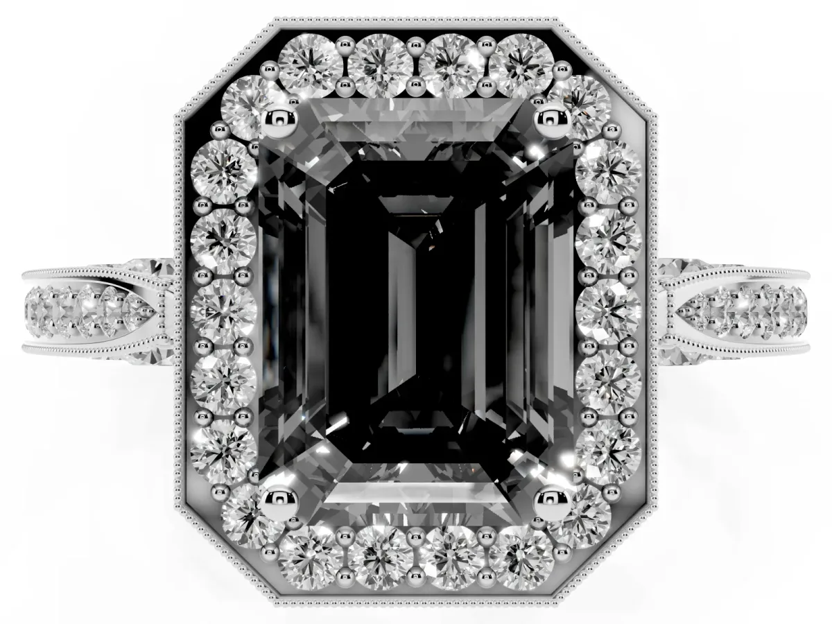 Fancy Black Emerald Cut Halo Diamond Engagement Ring with Split Shank Band and Four-Prong Setting Silver