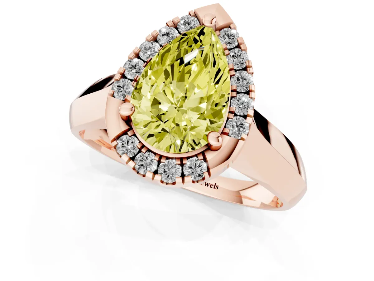 Fancy Yellow Pear Cut Cut Halo Solitaire Engagement Ring with Square Band and Four-Prong Setting Rose gold