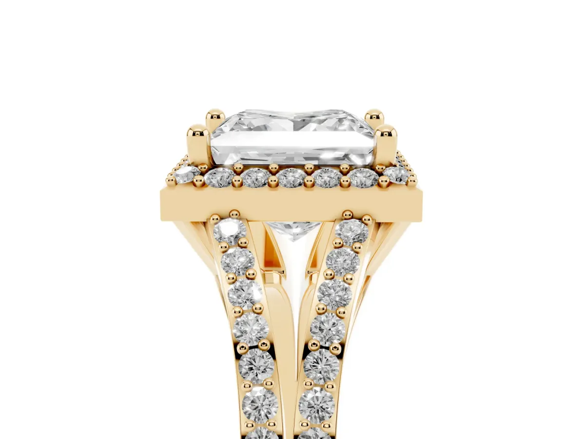 Princess Cut Halo Split Shank Pave Diamond Ring with Four-Prong Setting Yellow gold