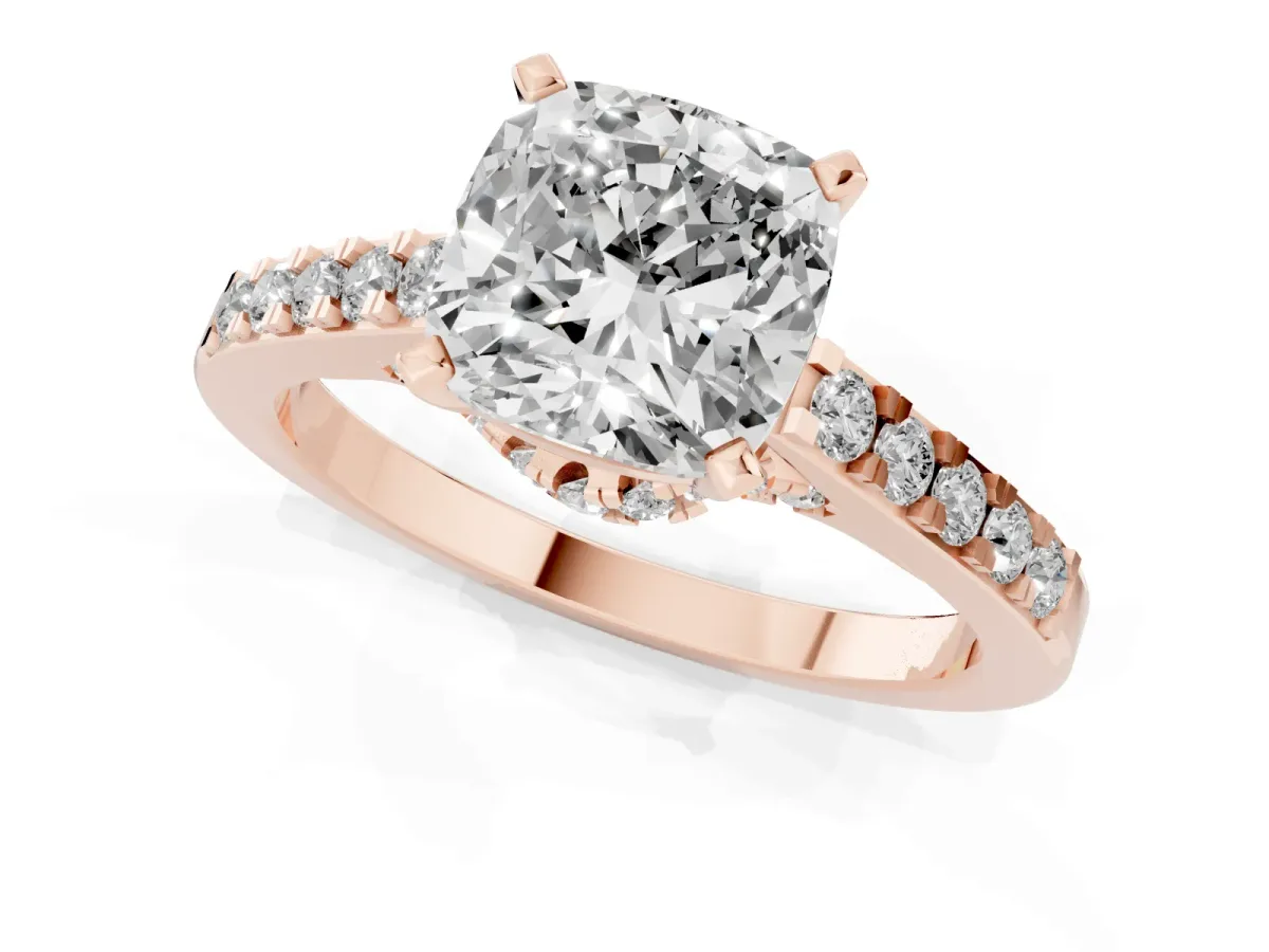 Cushion Cut Diamond Solitaire Ring with Crossover Gallery and Round Pavé Band Rose gold