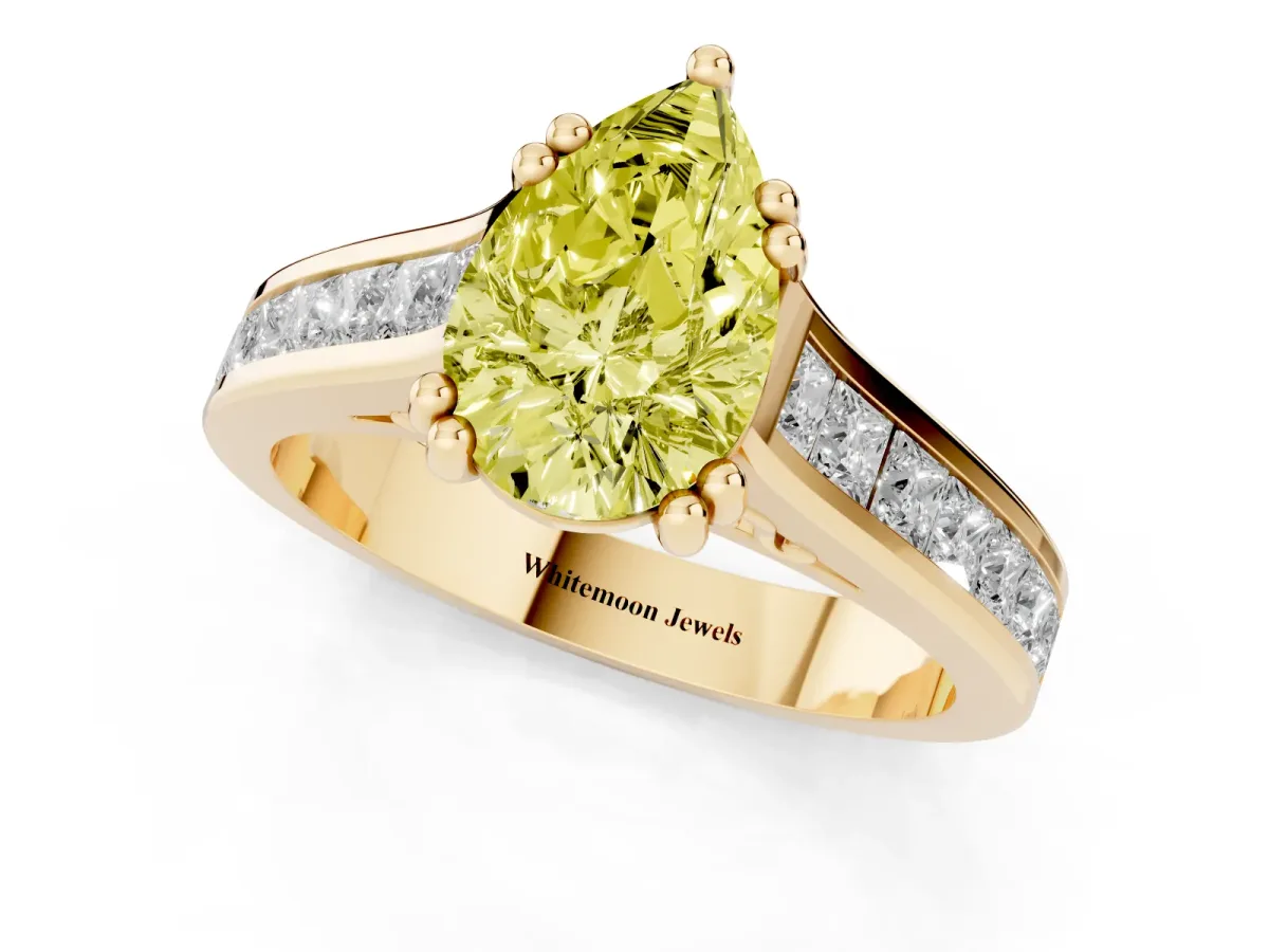 Fancy Yellow Pear Cut Cut Channel Set Solitaire Engagement Ring with Prong Setting Yellow gold