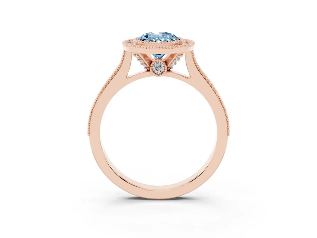 Fancy Blue Halo Oval Cut-Cut Diamond Pave Band Milgrain Prong Setting Ring Rose gold