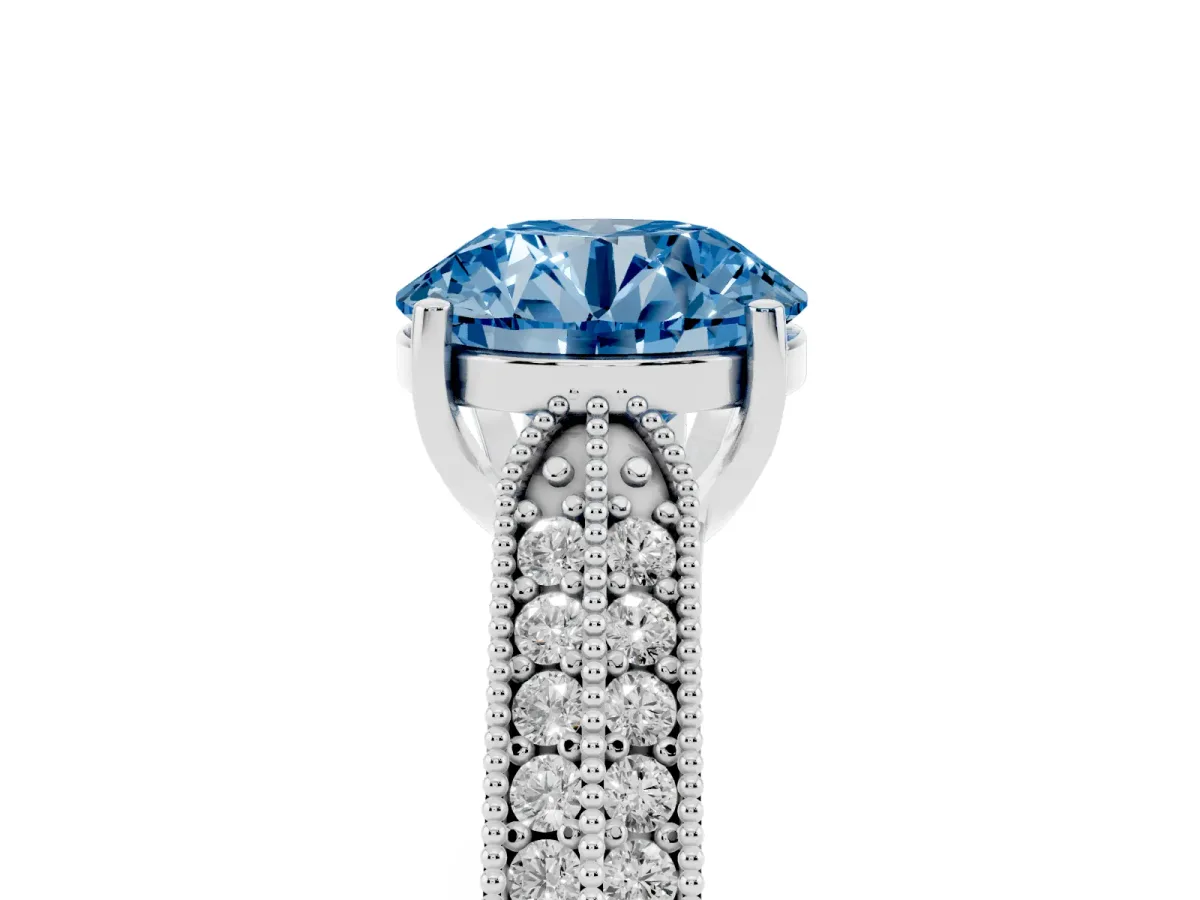 Fancy Blue Round Cut Cut Pave Split Shank Engagement Ring with Four-Prong Setting Platinum