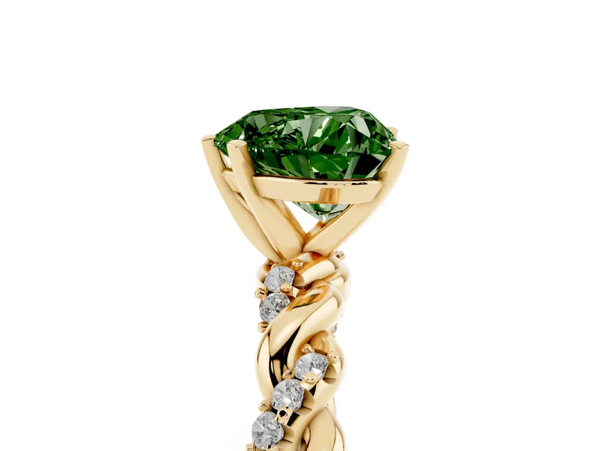 Fancy Green Heart Cut Diamond Solitaire Ring with Twisted Band and Pavé Accents Yellow gold
