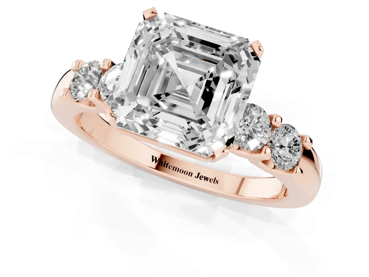 Asscher Cut Brilliant Cut Diamond Five-Stone Prong Set Engagement Ring with Channel Band Rose gold