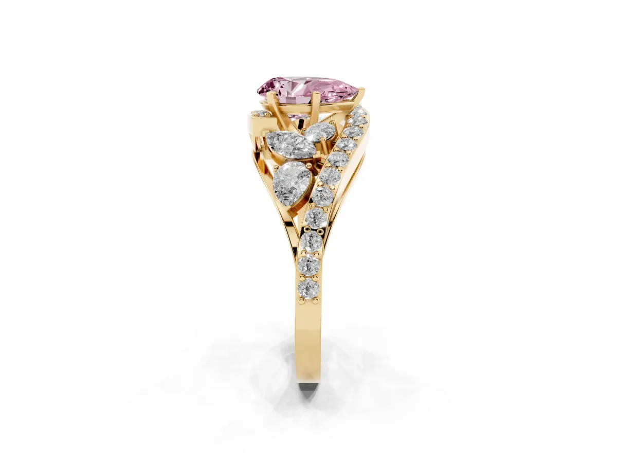 Fancy Pink Pear Cut Diamond Halo Ring with Marquise and Pavé Band in Prong Setting Yellow gold