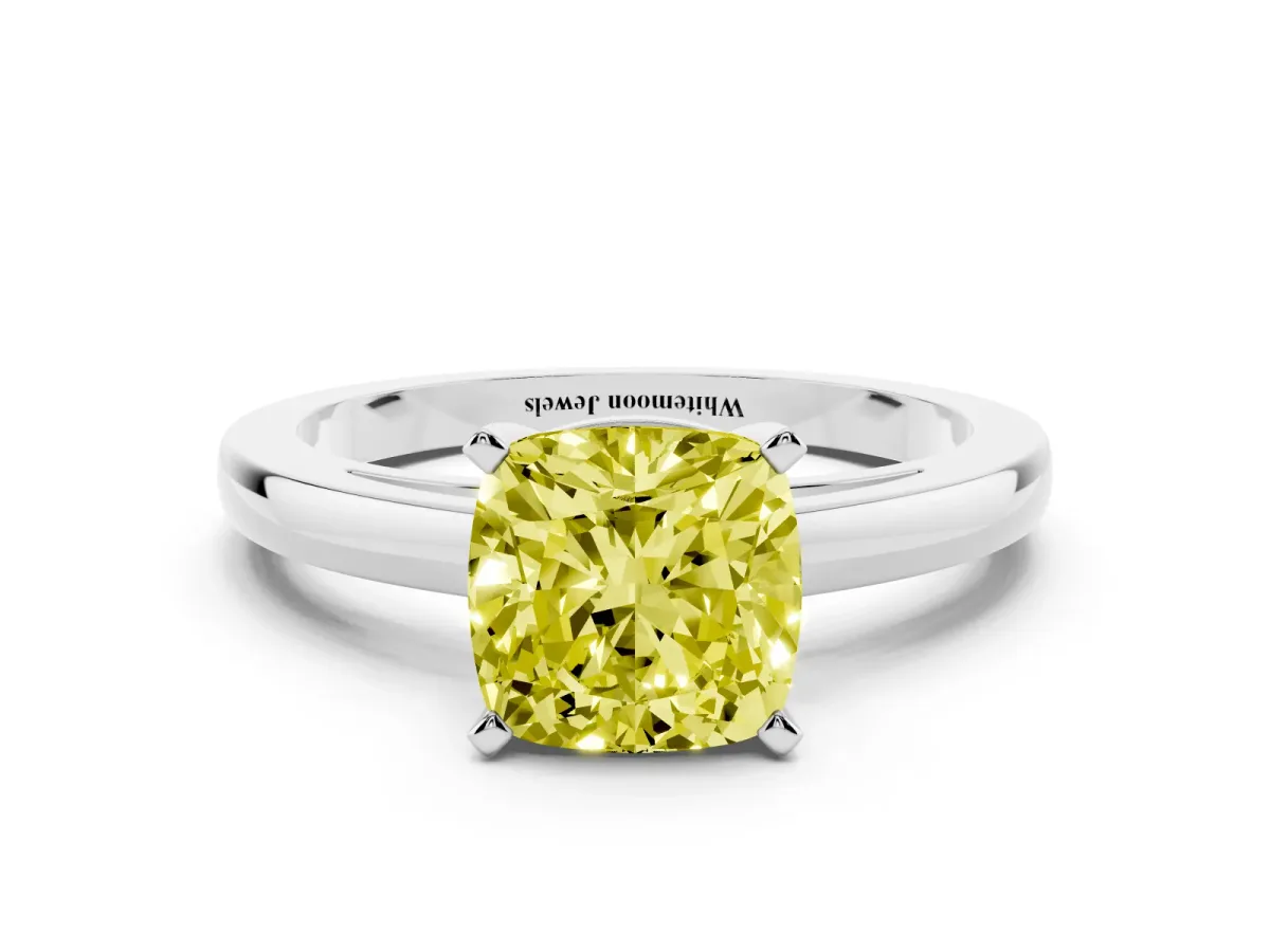 Fancy Yellow Cushion Cut Solitaire Diamond Engagement Ring with Four-Prong Setting on a Classic Band Silver