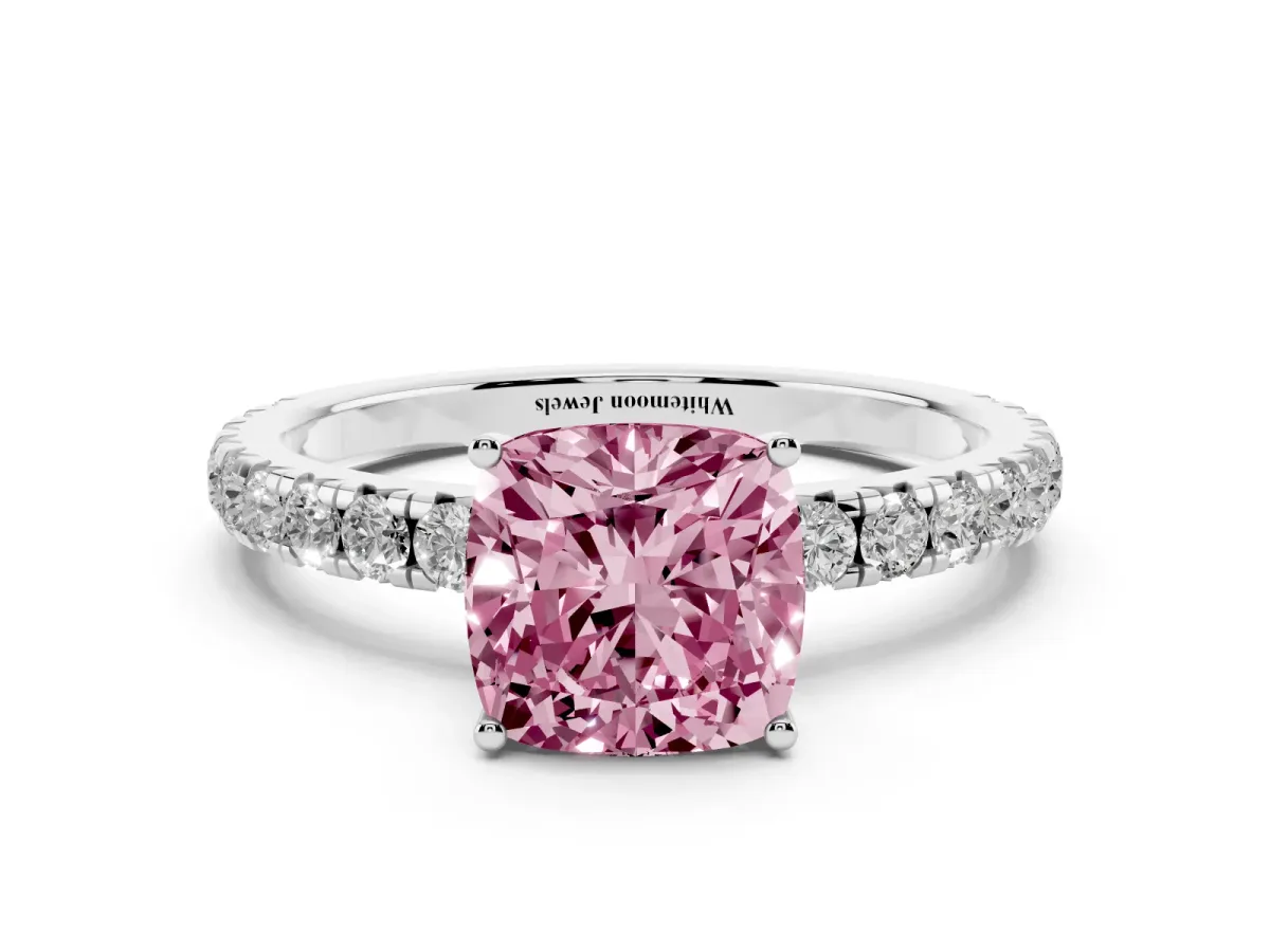 Fancy Pink Cushion Cut Diamond Pavé Solitaire Engagement Ring with Four-Prong Setting Silver