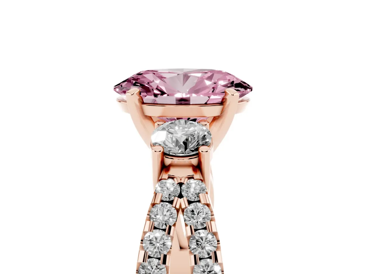 Fancy Pink Oval Cut Diamond Three-Stone Ring with Pavé Split Shank and Four-Prong Setting Rose gold