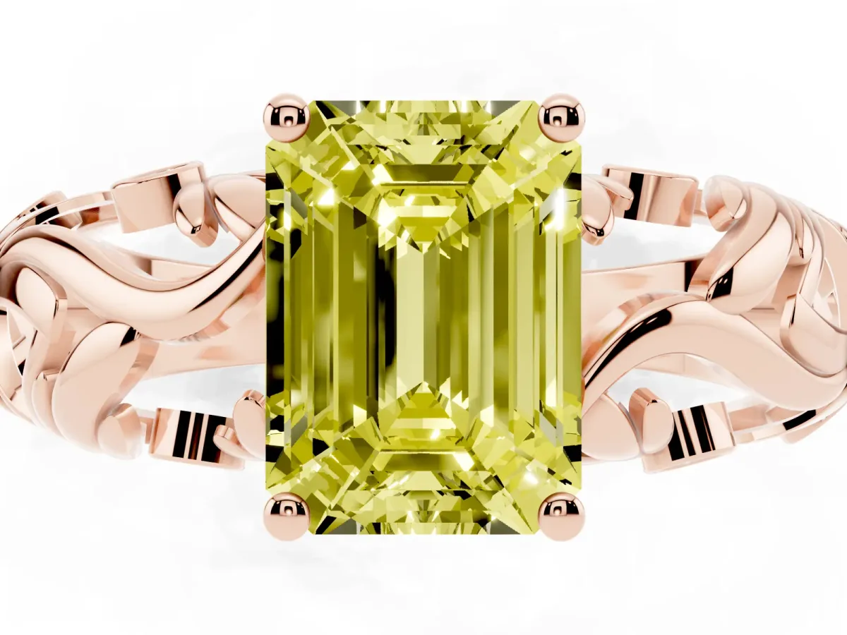 Fancy Yellow Emerald Cut Solitaire Diamond Leaf-Inspired Vine Band Ring with Prong Setting Rose gold
