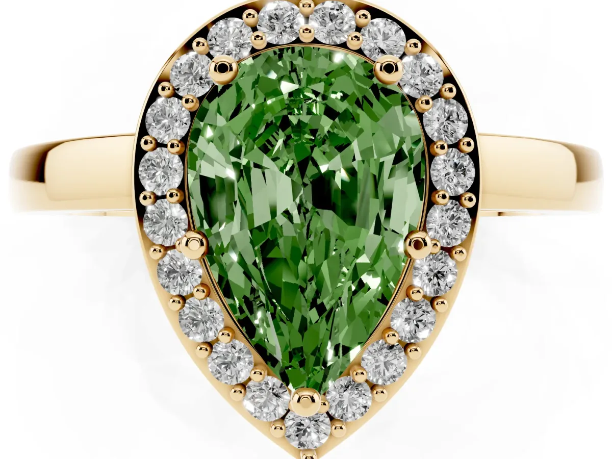 Fancy Green Pear Cut Halo Diamond Ring with Solitaire Band and Prong Setting Yellow gold