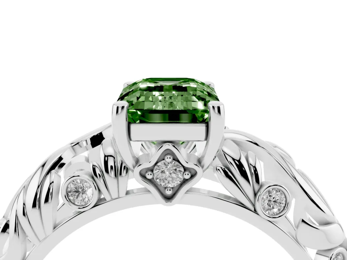 Fancy Green Emerald Cut Solitaire Diamond Leaf-Inspired Vine Band Ring with Prong Setting White gold
