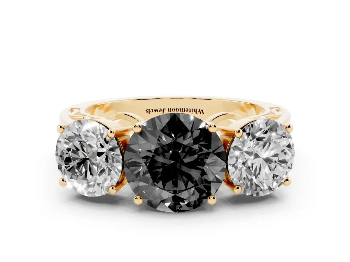 Fancy Black Round Cut Diamond Three-Stone Ring with Prong Setting and Textured Band Yellow gold