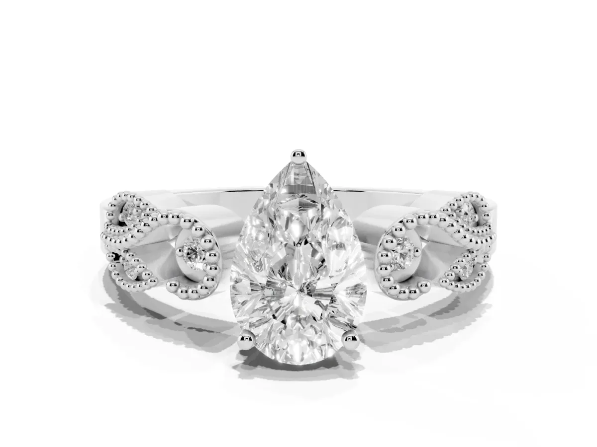 Pear Cut Solitaire Milgrain Leaf Band with Prong Setting Silver