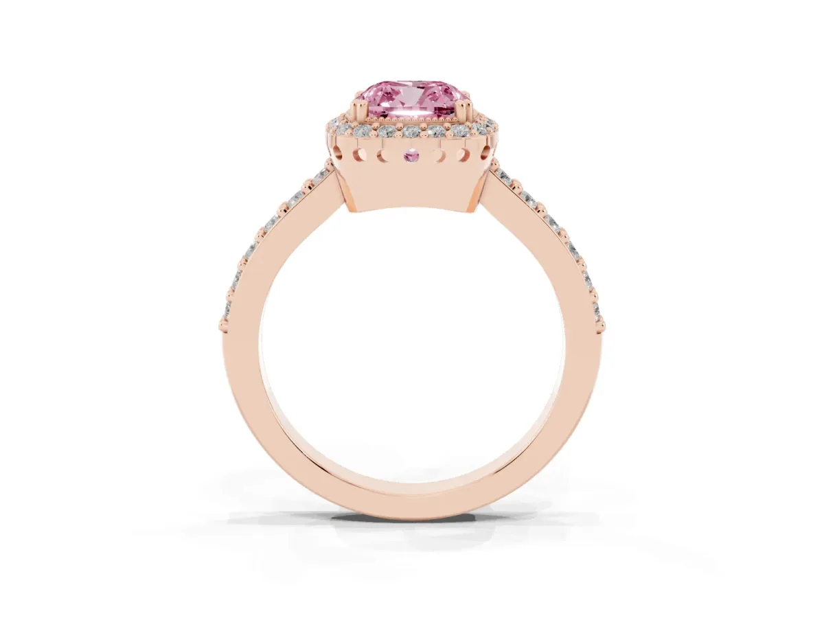 Fancy Pink Cushion Cut Cut Diamond Halo Engagement Ring with Milgrain Detail and Pavé Band Rose gold