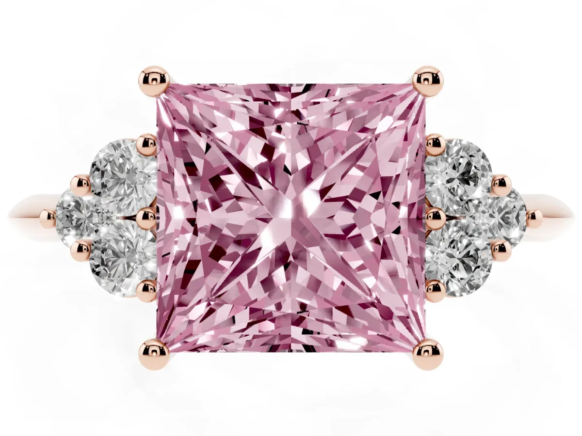 Fancy Pink Princess Cut Cut Diamond Cluster Ring with Solitaire Band and Four-Prong Setting Rose gold