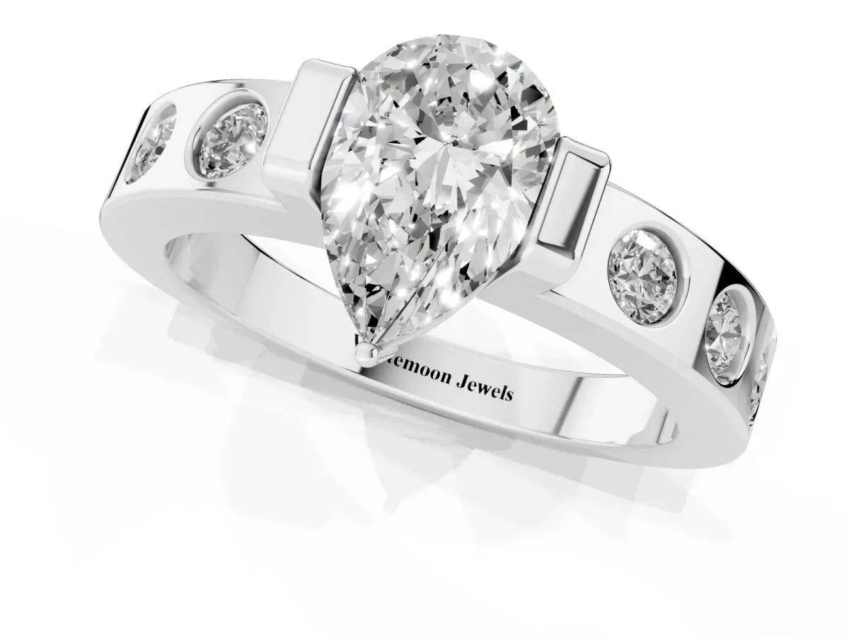 Pear Cut Brilliant Channel-Set Diamond Ring with Bezel Prong Setting Silver
