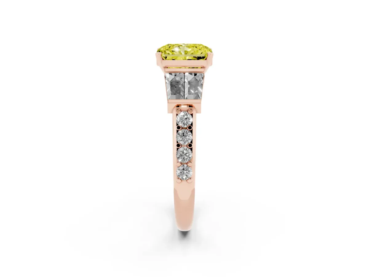 Fancy Yellow Radiant Cut Diamond Engagement Ring with Baguette Side Stones and Channel Set Band Rose gold
