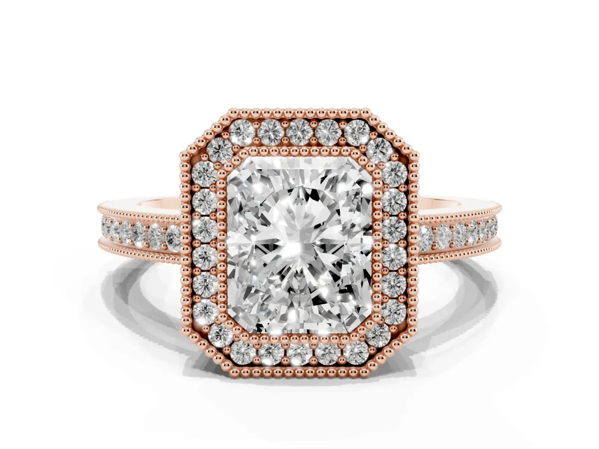 Radiant Cut Cut Halo Diamond Ring with Pavé Band and Milgrain Prong Setting Rose gold