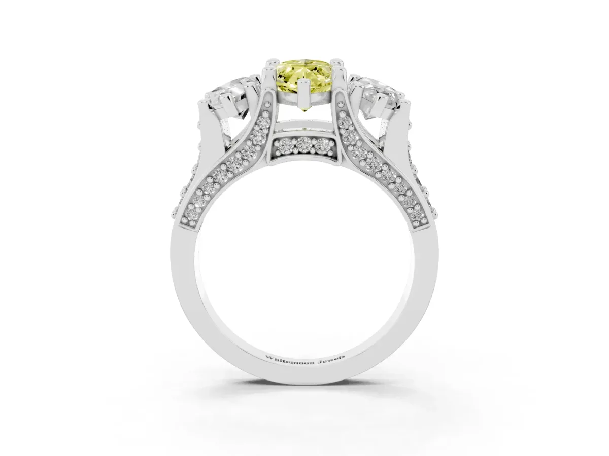 Fancy Yellow Marquise Cut Diamond Three-Stone Ring with Channel Set Band and Four-Prong Setting Silver