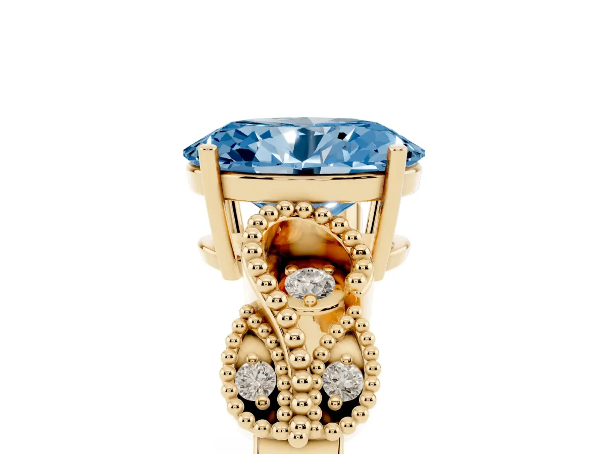 Fancy Blue Oval Cut Solitaire Milgrain Leaf Band with Prong Setting Yellow gold