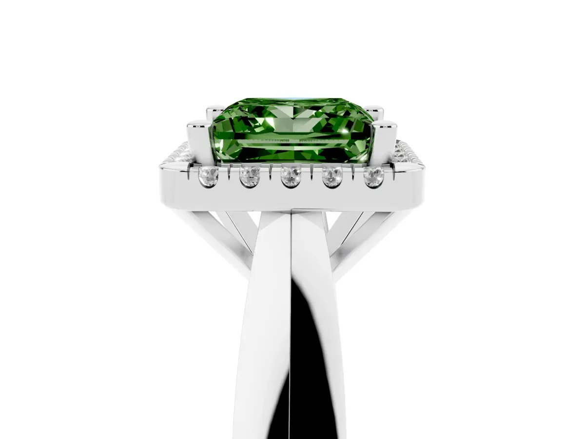 Fancy Green Princess Cut Cut Halo Solitaire Engagement Ring with Square Band and Four-Prong Setting Platinum