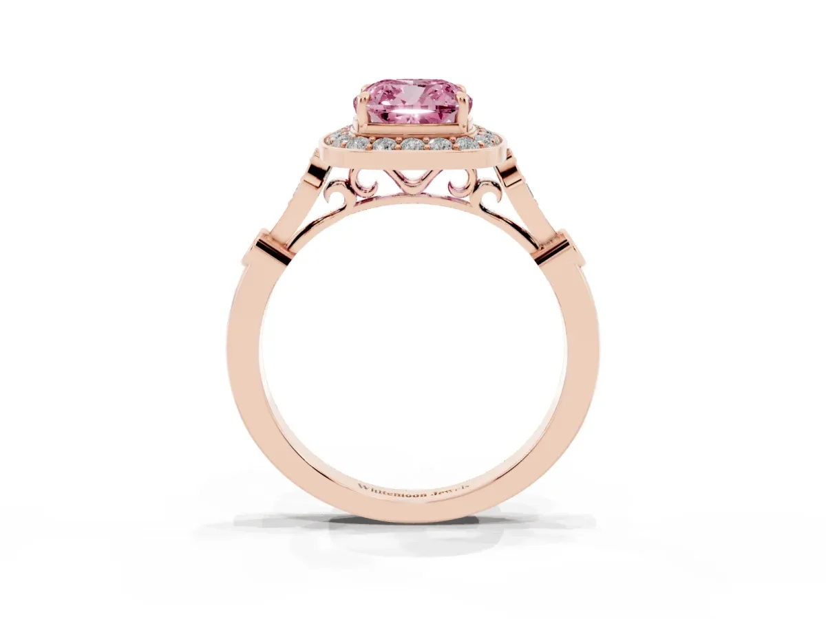 Fancy Pink Cushion Cut Halo Diamond Engagement Ring with Twisted Band and Four-Prong Setting Rose gold