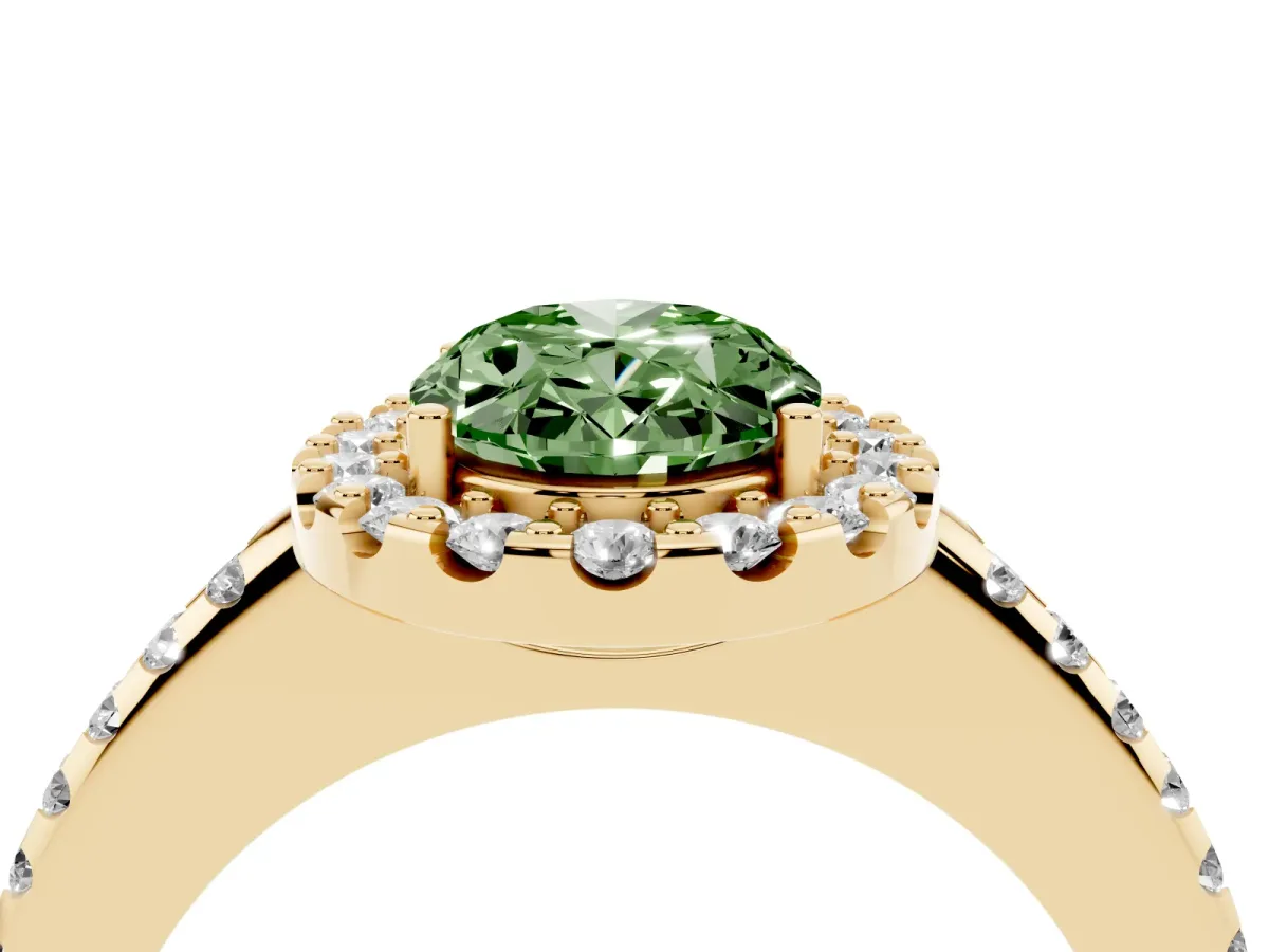 Fancy Green Oval Cut Diamond Pavé Halo Ring with Four-Prong Setting Yellow gold