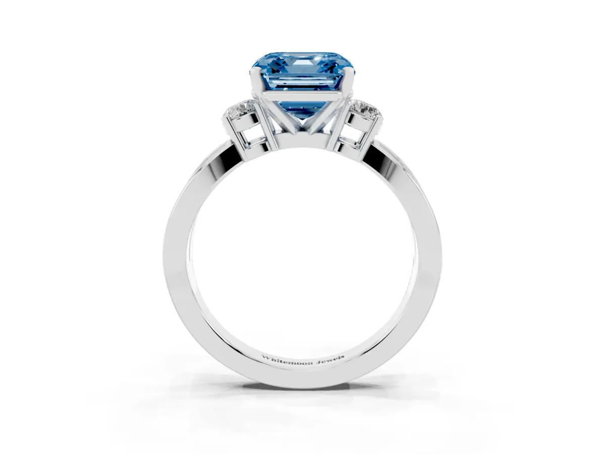 Fancy Blue Three-Stone Asscher Cut Cut Diamond Twist Band with Prong Setting Platinum