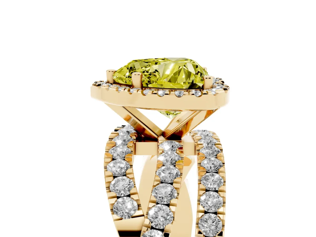 Fancy Yellow Heart Cut Diamond Halo Ring with Round Split Shank and Prong Setting Yellow gold