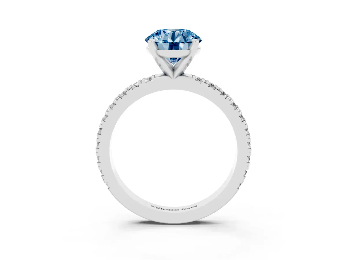 Fancy Blue Round Cut Diamond Pavé Band Solitaire with Four-Prong Setting Platinum