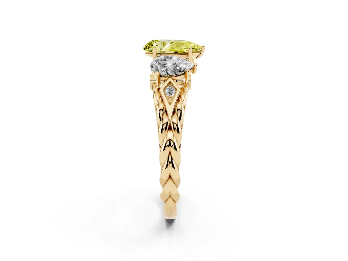 Fancy Yellow Three-Stone Pear Cut Diamond Braided Band Ring with Four-Prong Setting Yellow gold