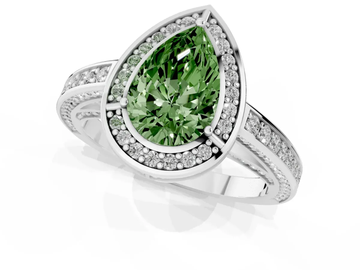 Fancy Green Pear Cut Cut Halo Pave Split Shank Prong Setting Ring Silver