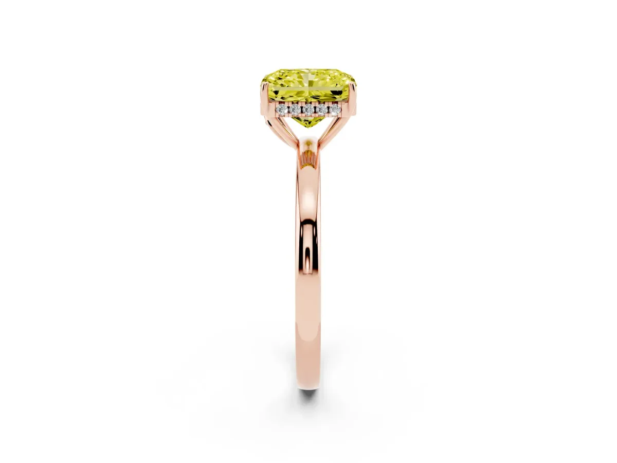Fancy Yellow Radiant Cut Solitaire Diamond Ring with Prong Setting and Plain Band Rose gold