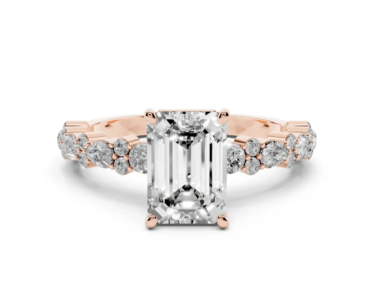 Emerald Cut Diamond Side Stone Solitaire Ring with Round and Four-Prong Setting Rose gold
