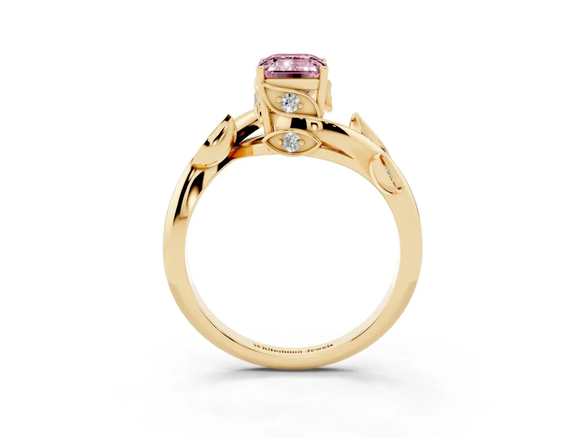Fancy Pink Emerald Cut Solitaire Twist Engagement Ring with Leaf Accents and Prong Setting Yellow gold