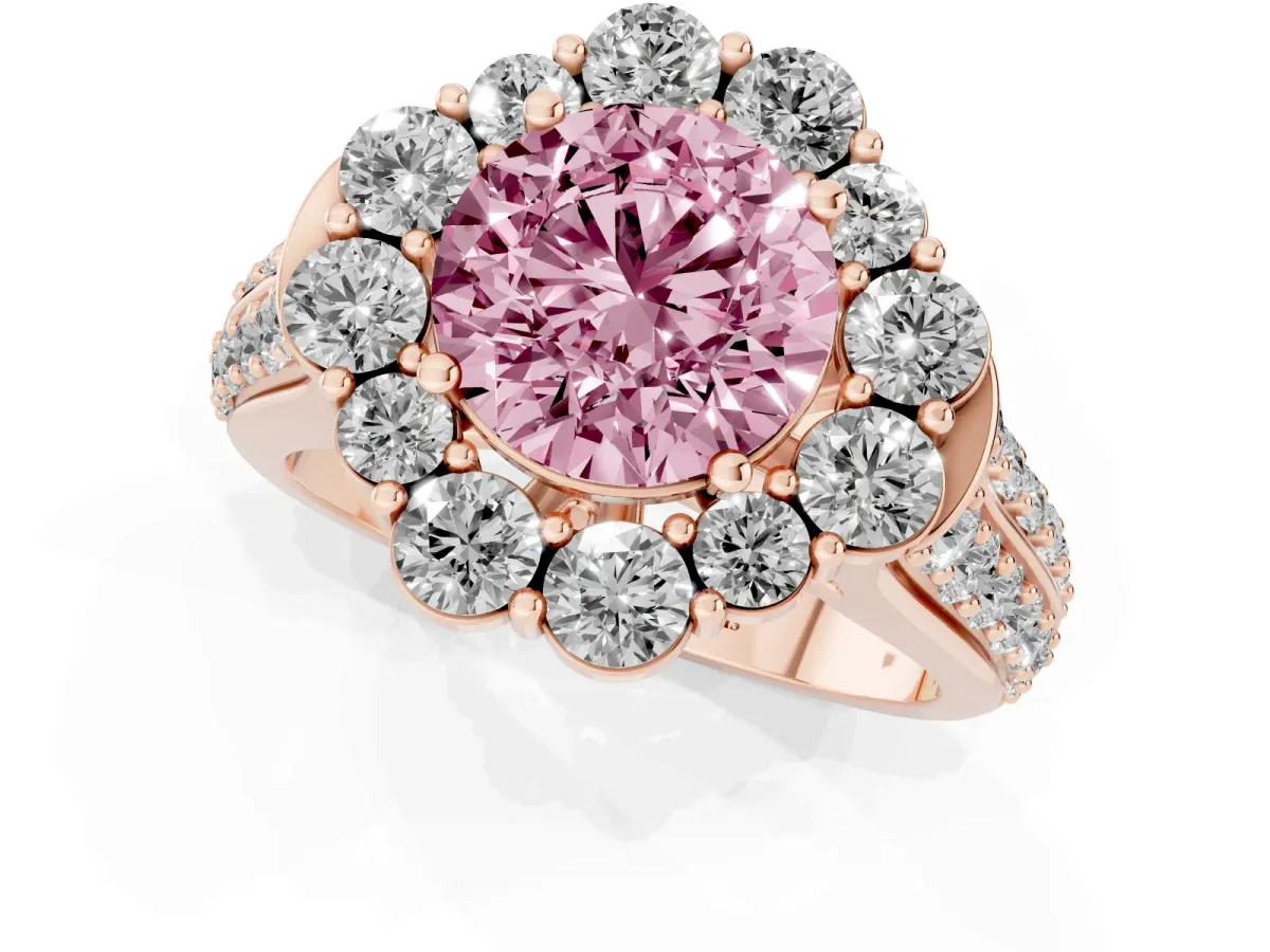 Fancy Pink Round Cut Halo Diamond Engagement Ring with Split Shank and Prong Setting Rose gold