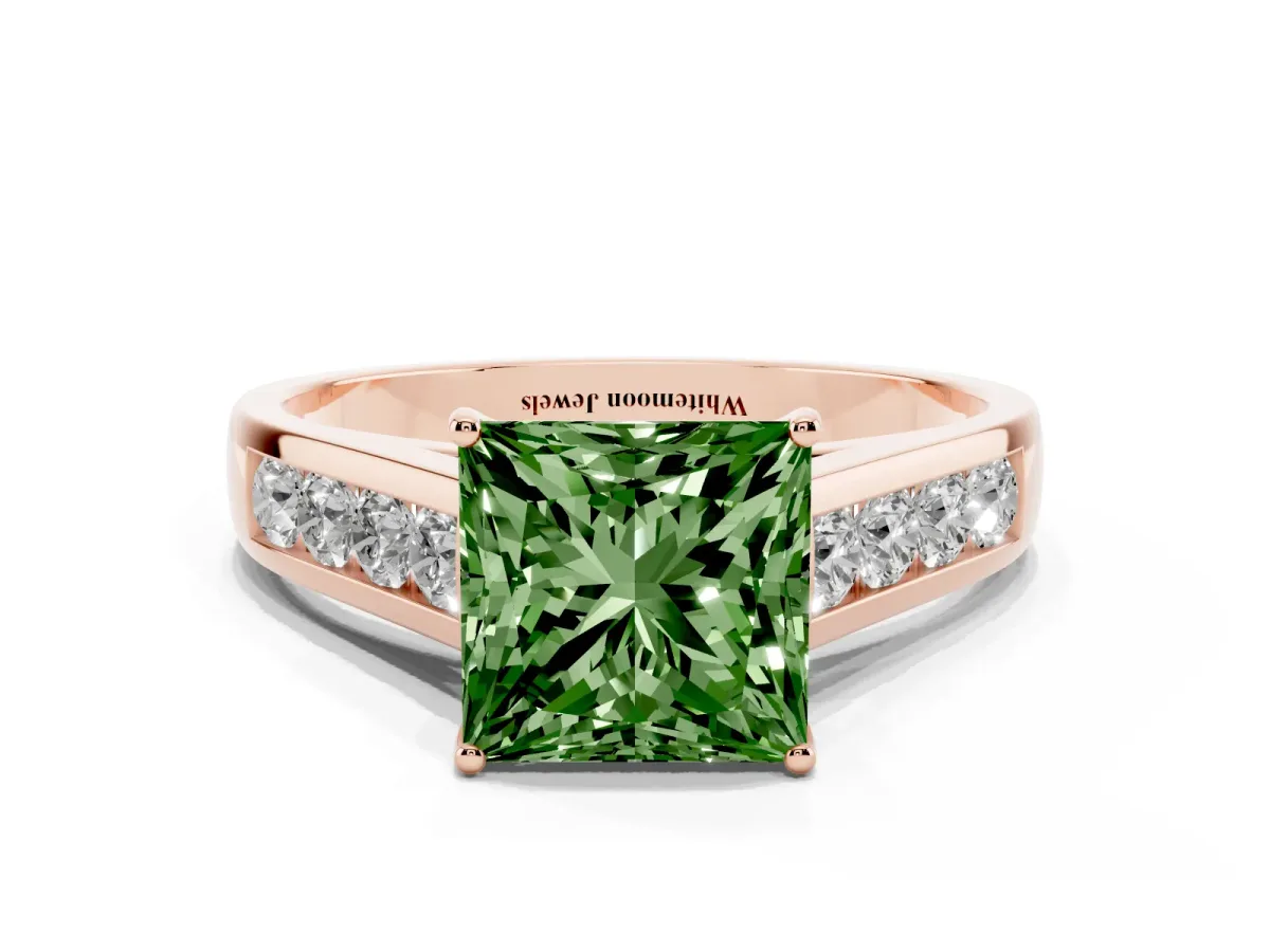 Fancy Green Princess Cut Brilliant Channel-Set Solitaire Ring with Four-Prong Setting Rose gold