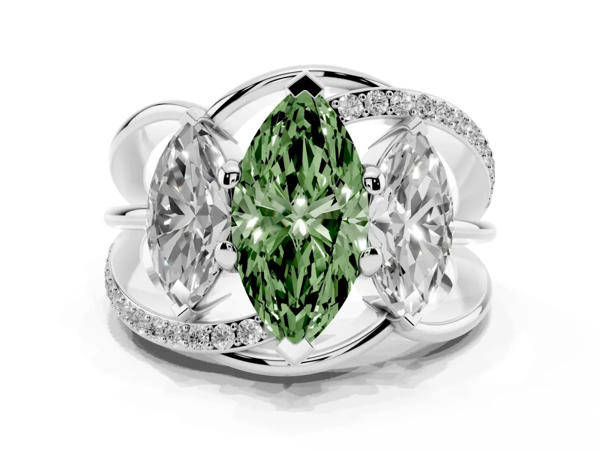 Fancy Green Three-Stone Marquise Cut Cut Diamond Split Shank Prong Set Ring Silver