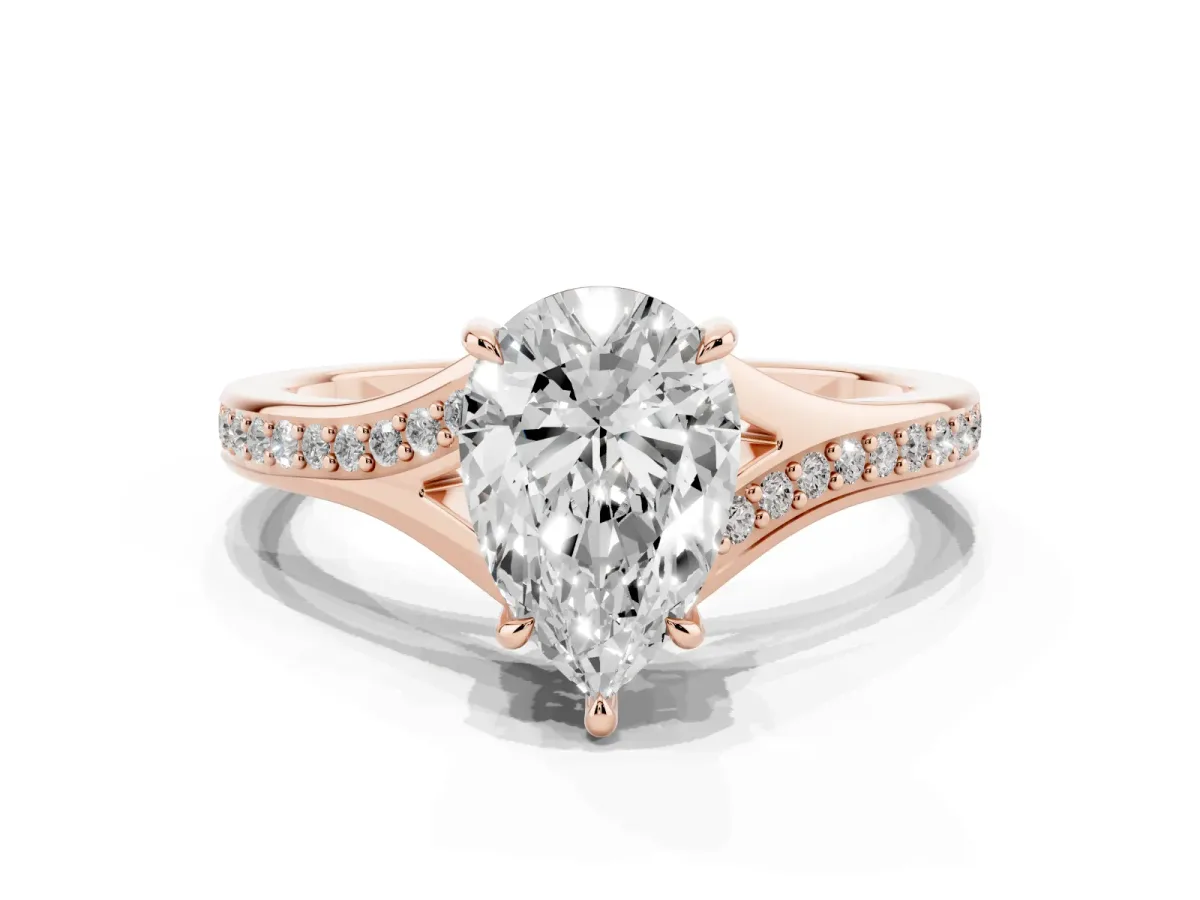 Pear Cut Diamond Solitaire Ring with Pavé Band and Prong Setting Rose gold