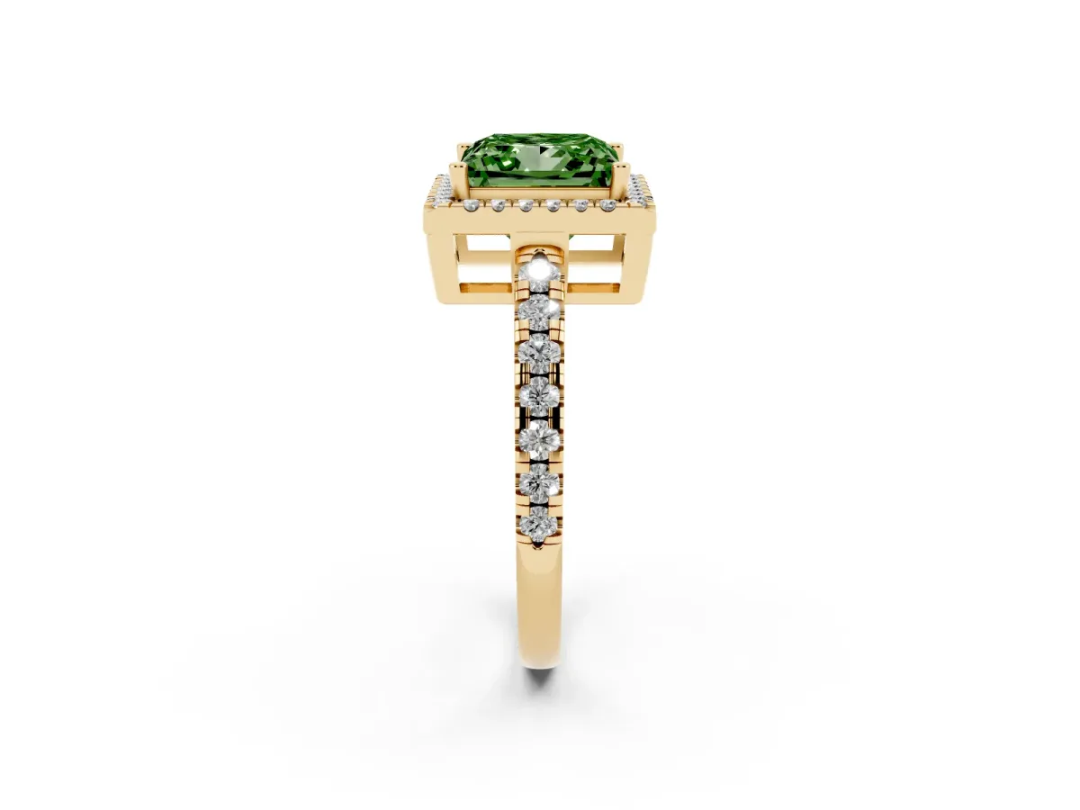 Fancy Green Princess Cut Diamond Halo Ring with Pavé Band and Four-Prong Setting Yellow gold