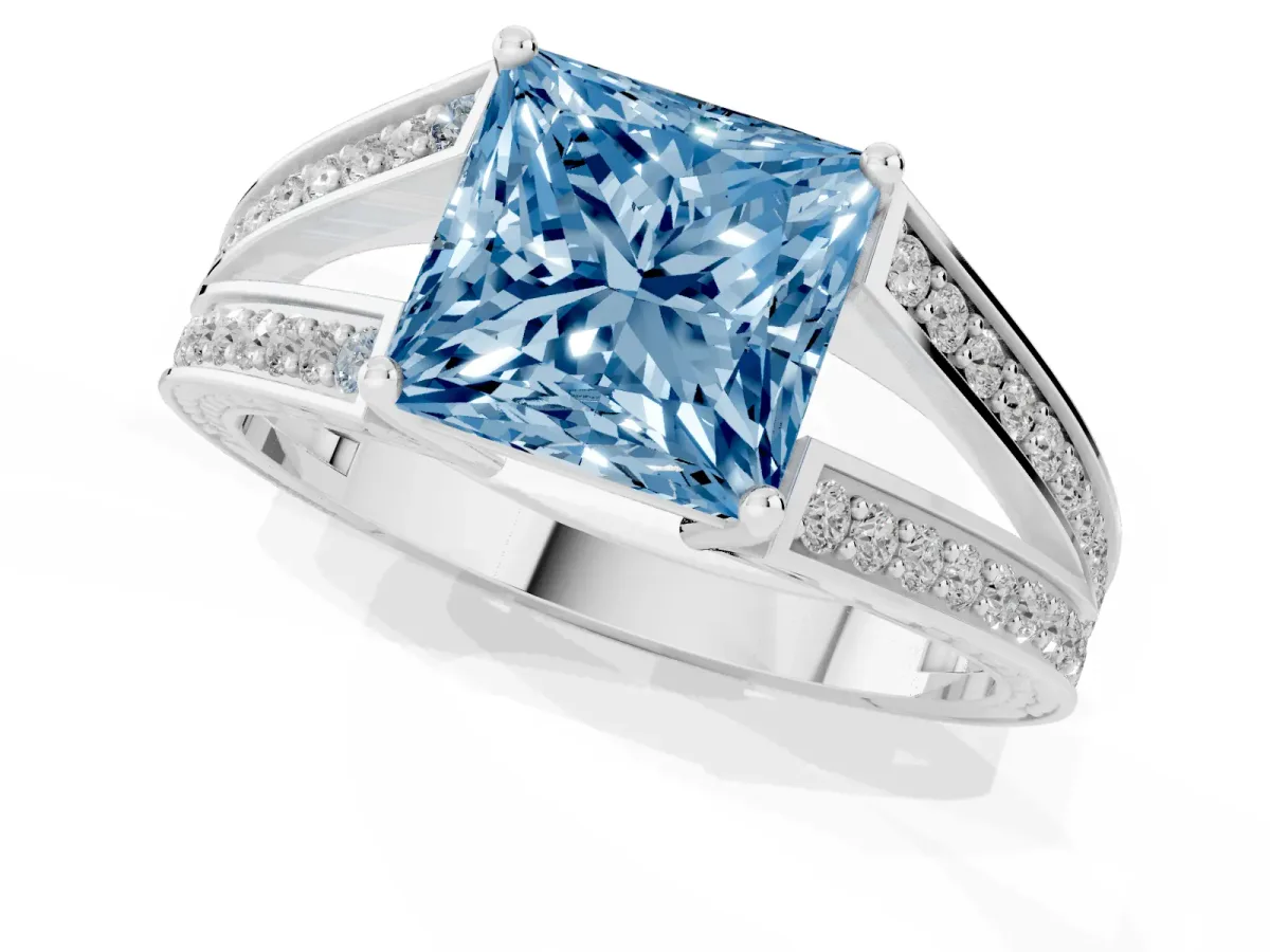 Fancy Blue Princess Cut Diamond Split Shank Ring with Pavé Band and Four-Prong Setting Platinum