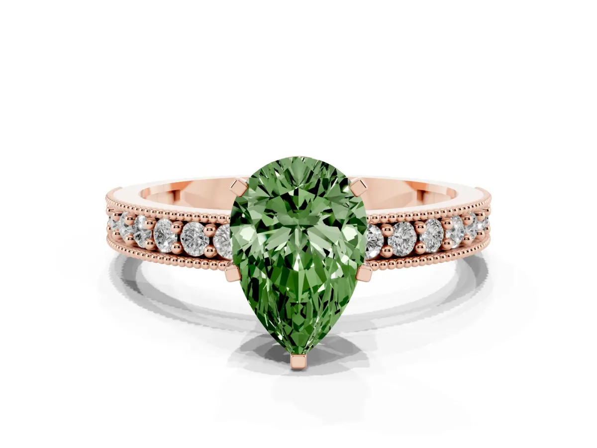 Fancy Green Pear Cut Diamond Milgrain Pavé Engagement Ring with Four-Prong Setting Rose gold