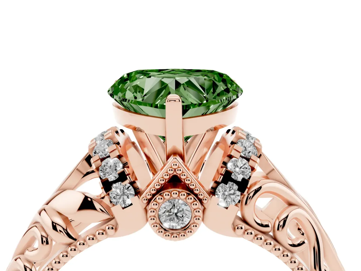 Fancy Green Heart Cut Solitaire Filigree Engagement Ring with Halo and Prong Setting Rose gold