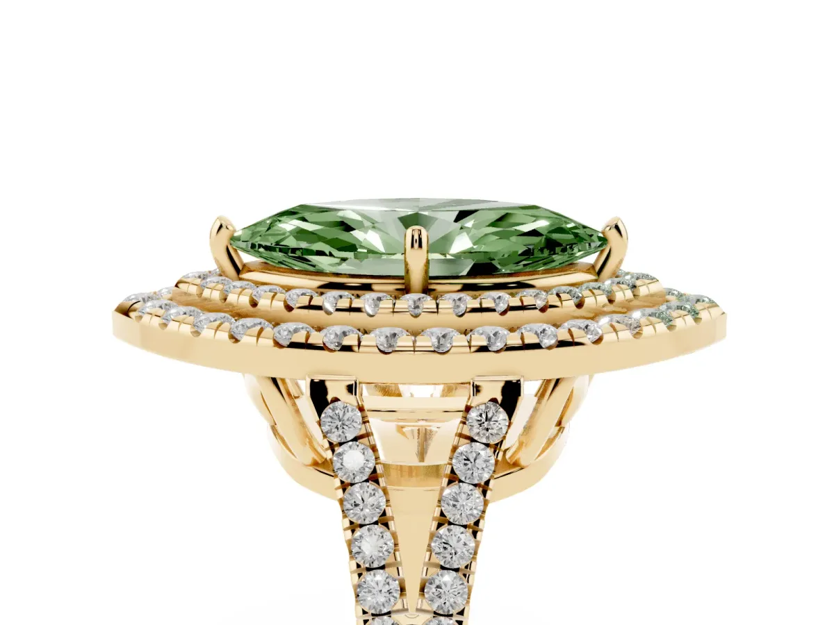 Fancy Green Marquise Cut Diamond Double Halo Ring with Pavé Band and Prong Setting Yellow gold