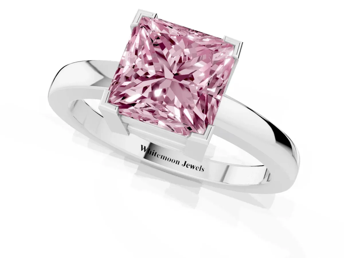 Fancy Pink Princess Cut Cut Solitaire Ring with Four-Prong Setting and Classic Band Silver