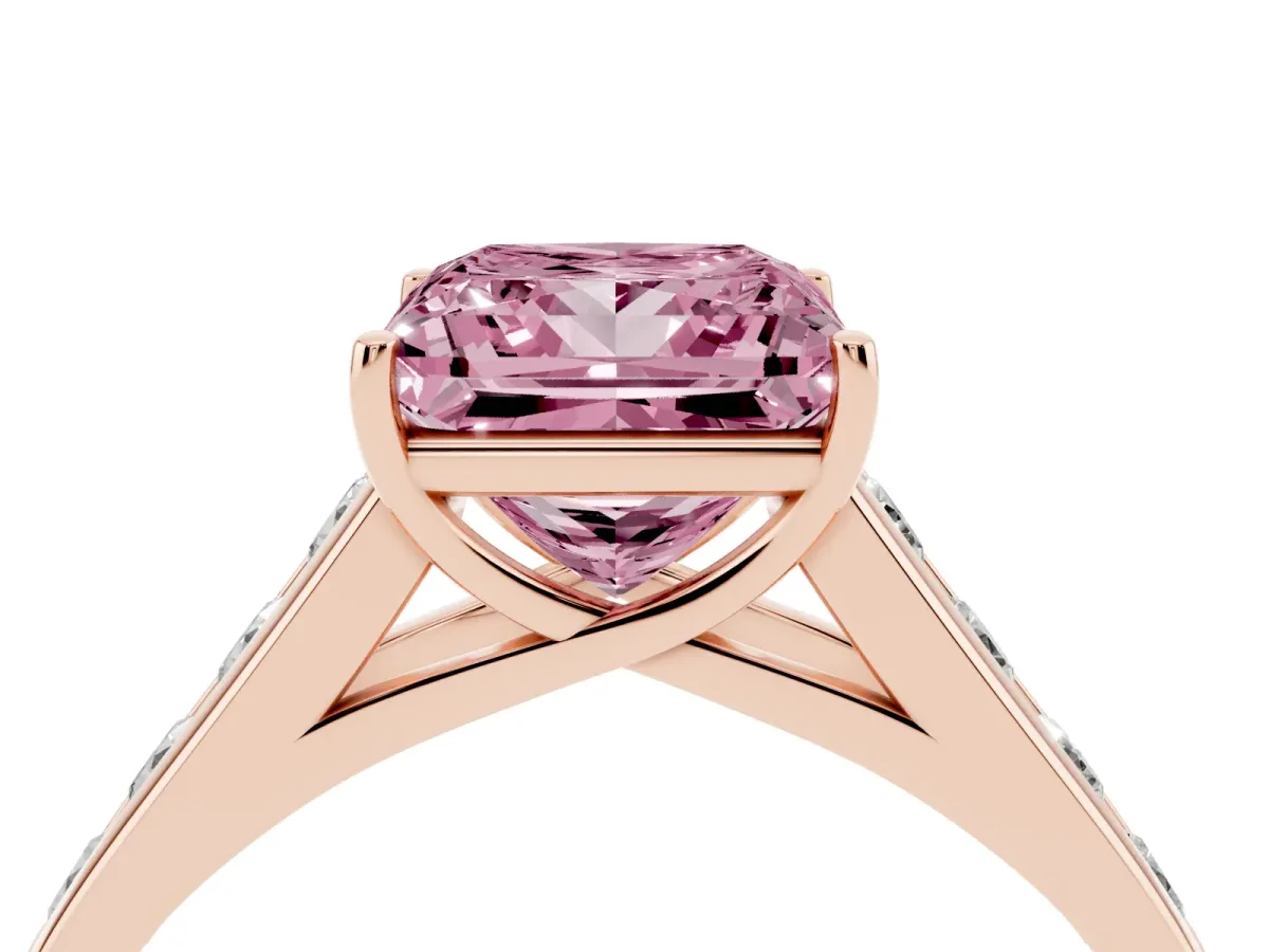 Fancy Pink Princess Cut Brilliant Channel-Set Solitaire Ring with Four-Prong Setting Rose gold