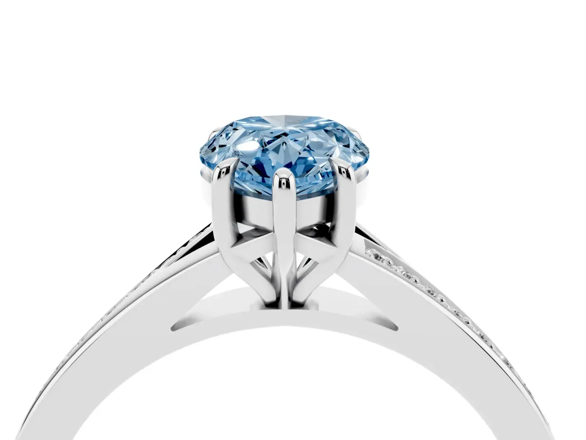 Fancy Blue Pear Cut Diamond Solitaire Ring with Pavé Band and Prong Setting Silver