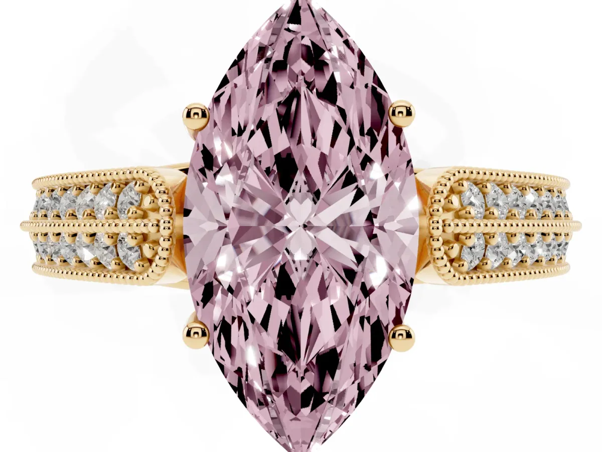 Fancy Pink Marquise Cut Cut Pave Split Shank Engagement Ring with Four-Prong Setting Yellow gold